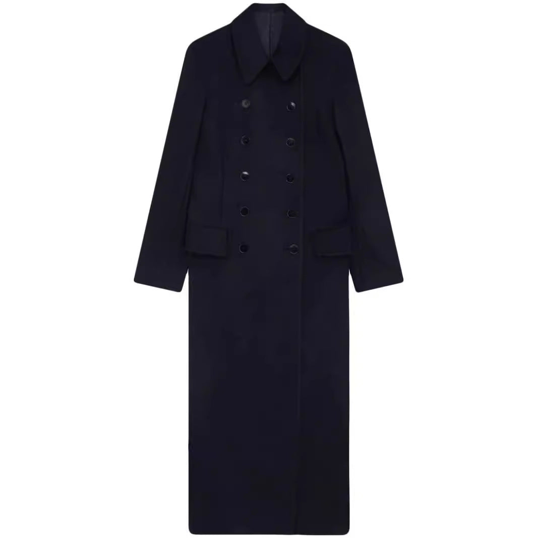Women’s maximal long double-breasted wool coat with loose oversized fit
