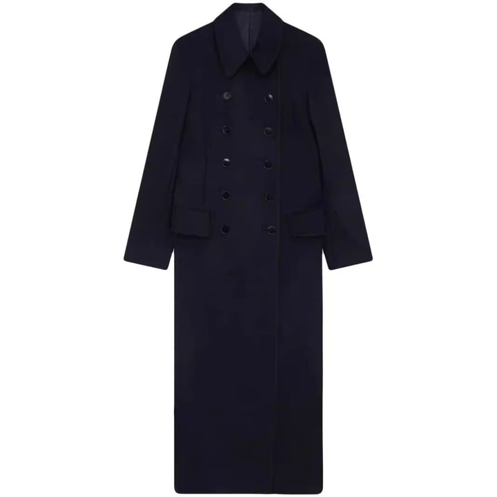 Women’s maximal long double-breasted wool coat with loose oversized fit