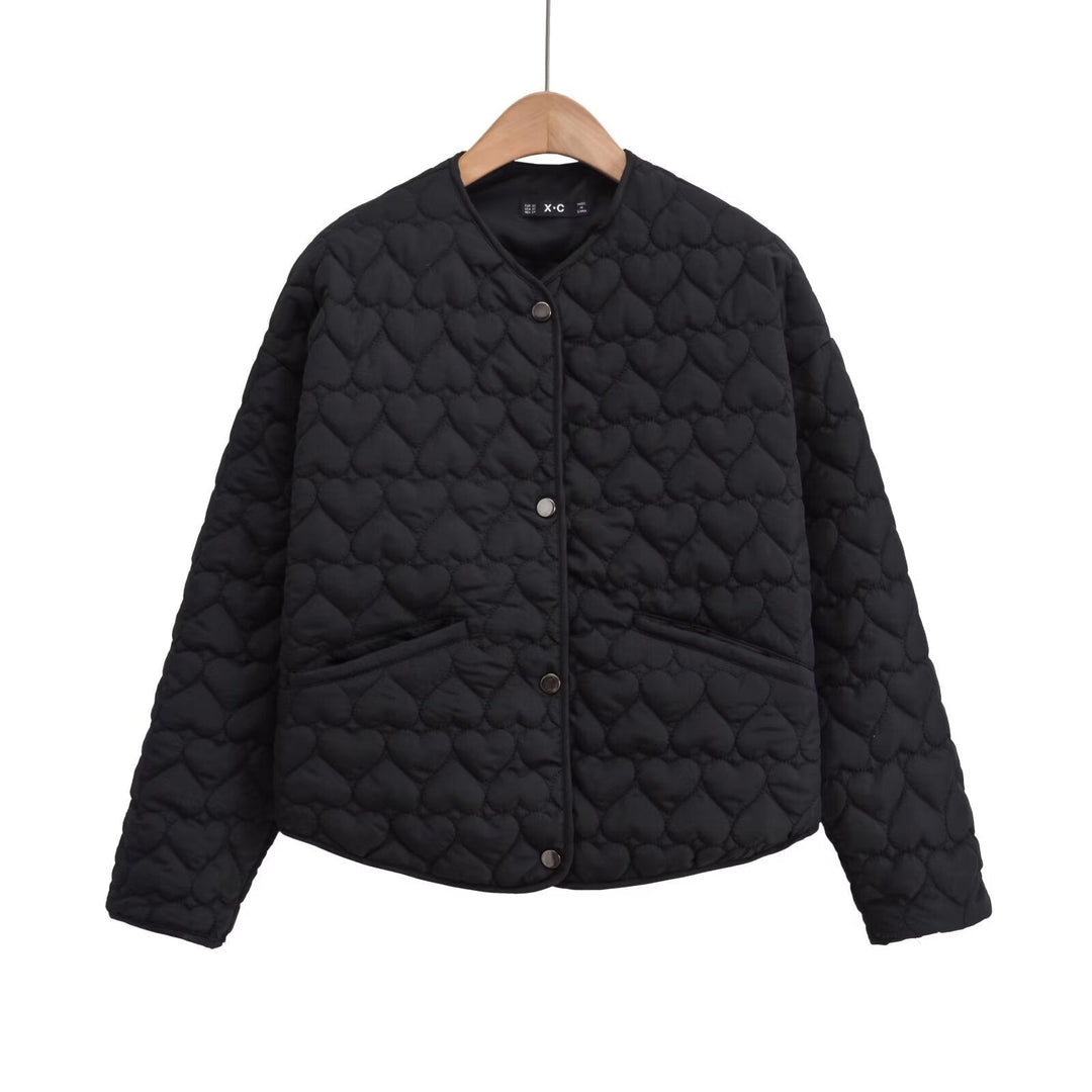 Women 100+ quilted short jacket with heart quilting, round neckline and snap buttons