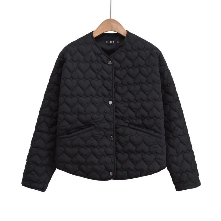 Women 100+ quilted short jacket with heart quilting, round neckline and snap buttons