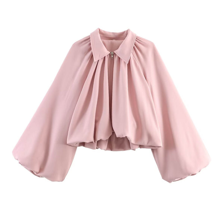 Women’s short jacket with oversized balloon sleeves and zip