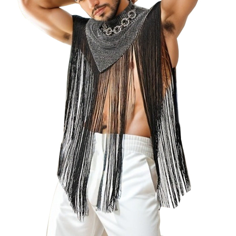 Ladies long fringed cape with turtleneck and V-shaped insert