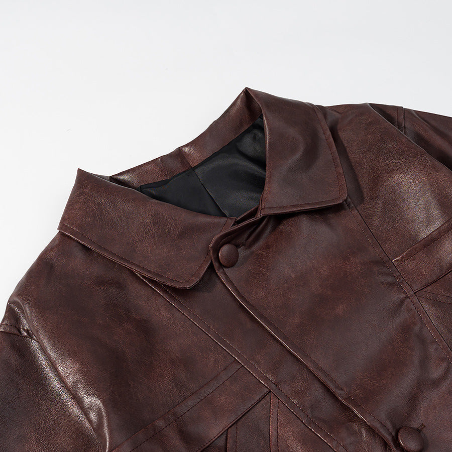 Women Short Cut Oversized Leather Jacket with Round Collar and Flap Pockets