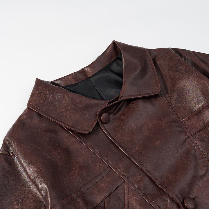 Women Short Cut Oversized Leather Jacket with Round Collar and Flap Pockets