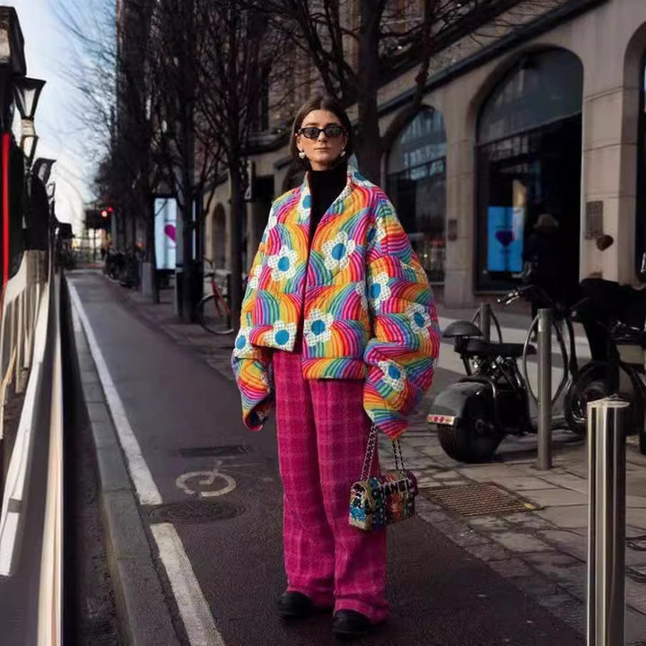 Women Short Oversized Padded Jacket with Colorful Rainbow Stripes and Flower Application
