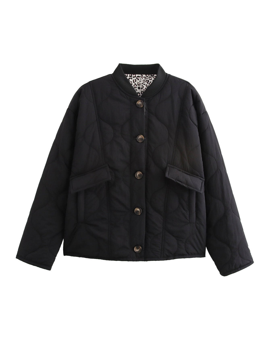 Women Padded Quilted Jacket in Boxy Cut with Round Neckline and Applied Pockets