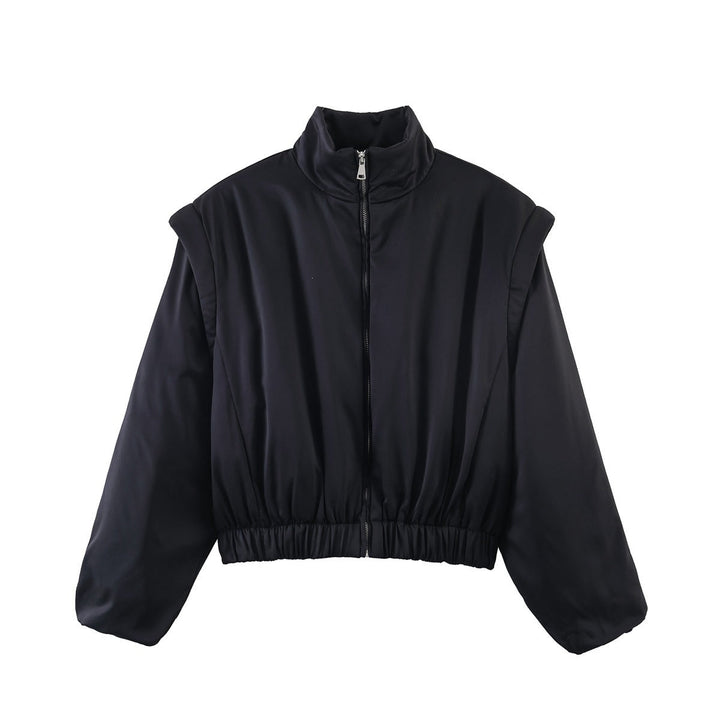 Women Short Cropped Puffer Jacket with Stand-up Collar, Zip, and Elastic Waist