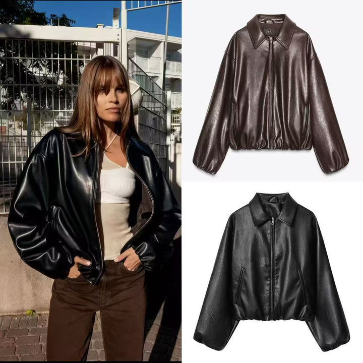 Women Oversize Faux Leather Blouson with Zip and Elastic Hem