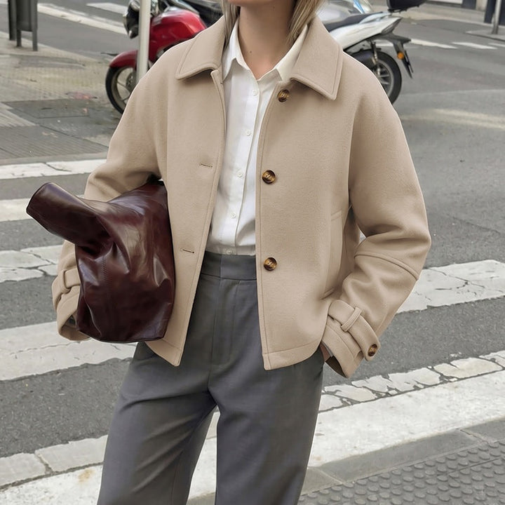 Women Short Cut Wool Blend Boxy Coat with Shirt Collar and Adjustable Cuffs