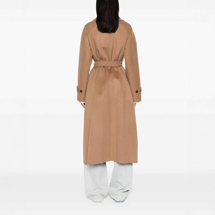 Women’s wrap coat made of wool blend with waist belt and oversized shoulder
