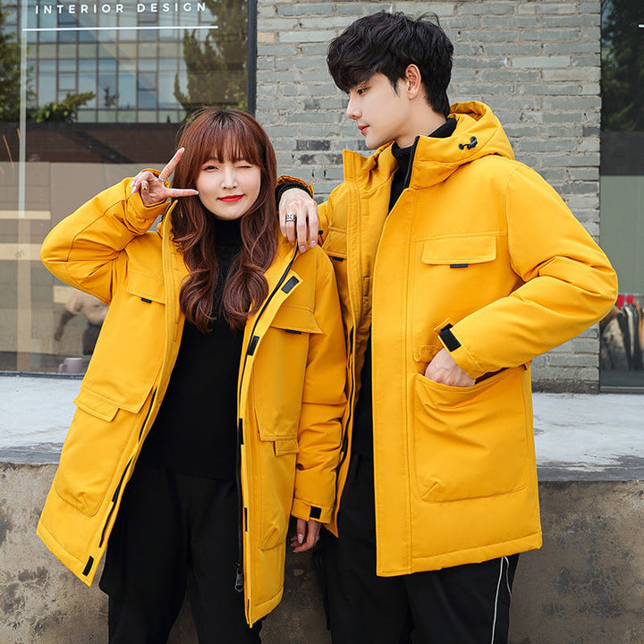 Unisex Padded Long Parka with Hood Multi-Pockets and Windproof Thermal Insulation