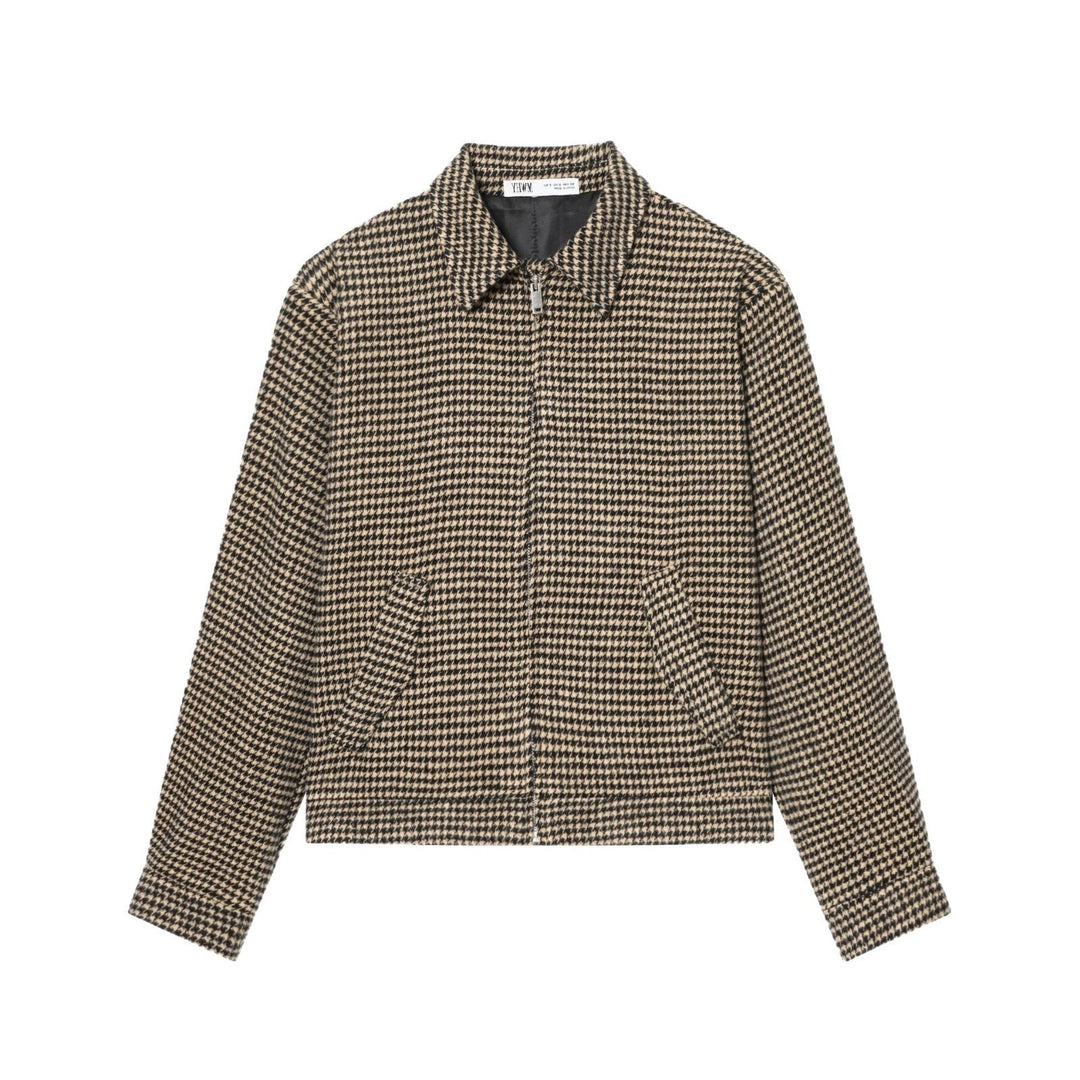 Women Boxy Short Jacket made of Wool Blend with Houndstooth Pattern, Zip and Shirt Collar