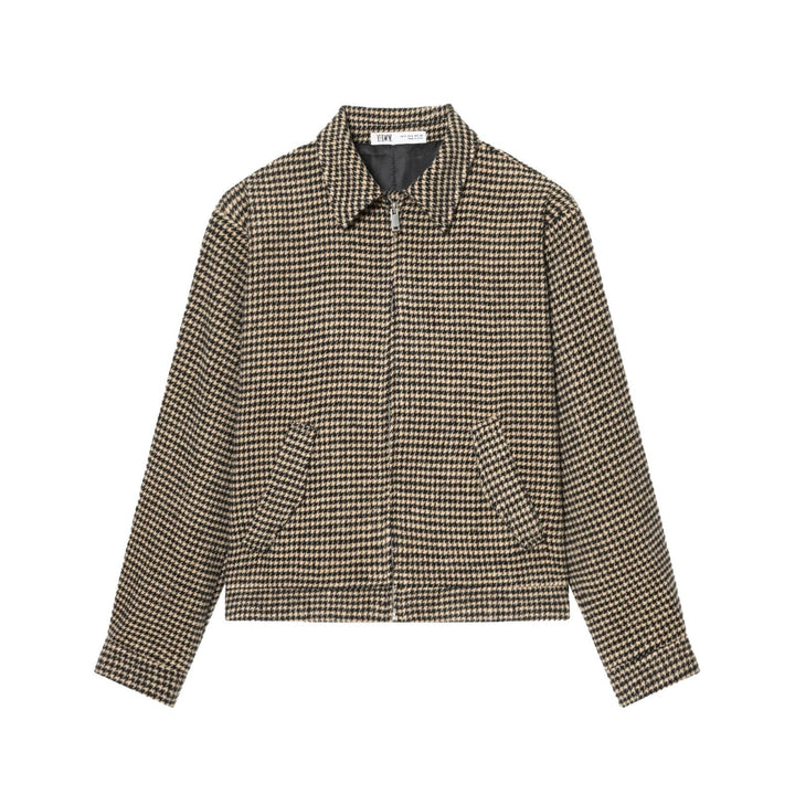 Women Boxy Short Jacket made of Wool Blend with Houndstooth Pattern, Zip and Shirt Collar