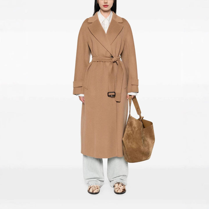 Women’s wrap coat made of wool blend with waist belt and oversized shoulder