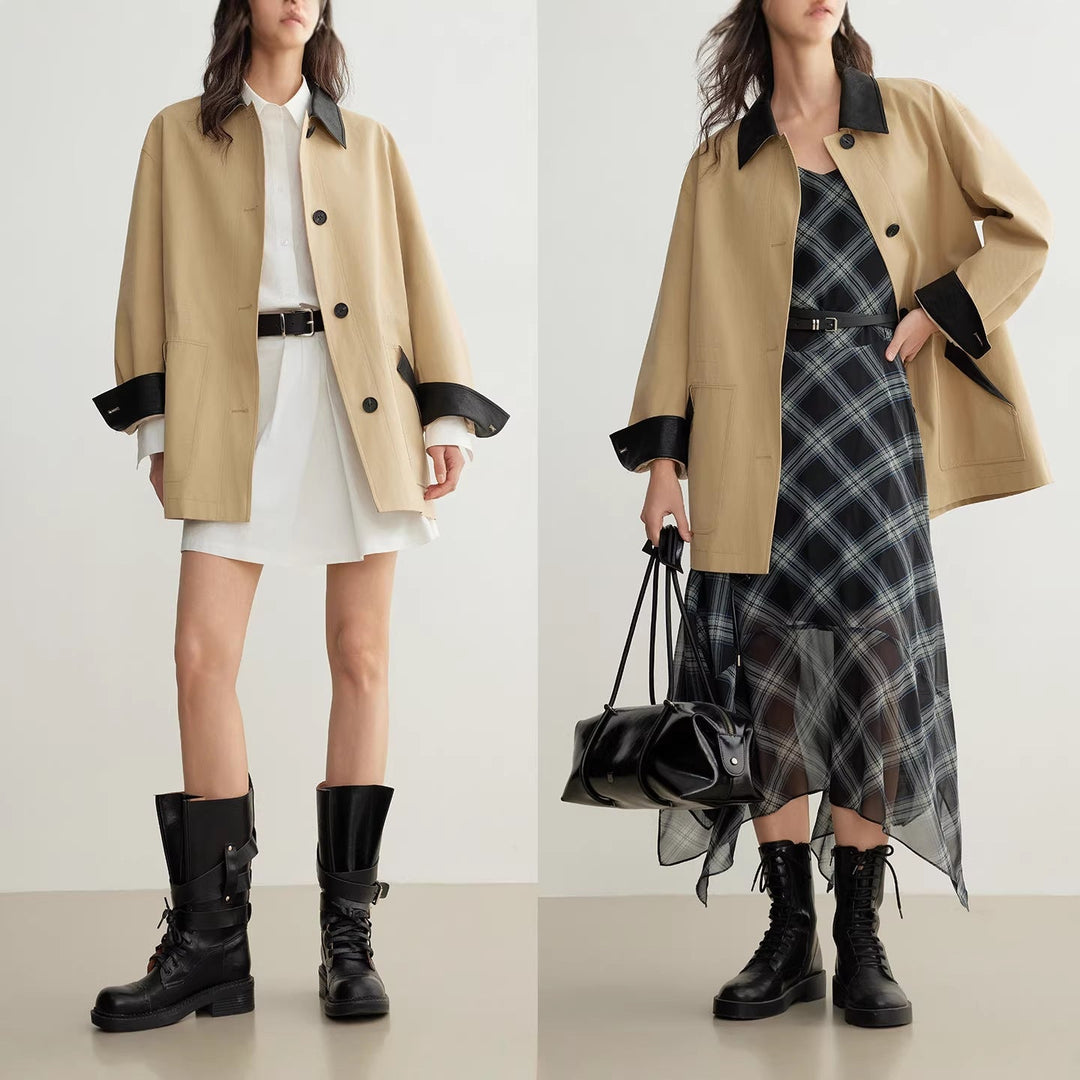 Women’s Fashion Oversized Jacket with Leather Details