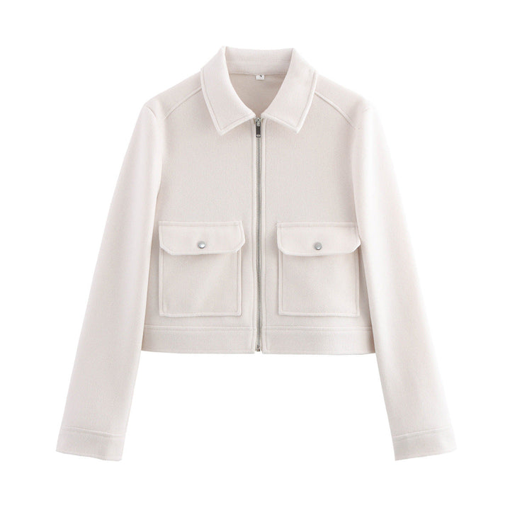 Women short cut wool mix jacket with shirt collar, zip and patch flap pockets