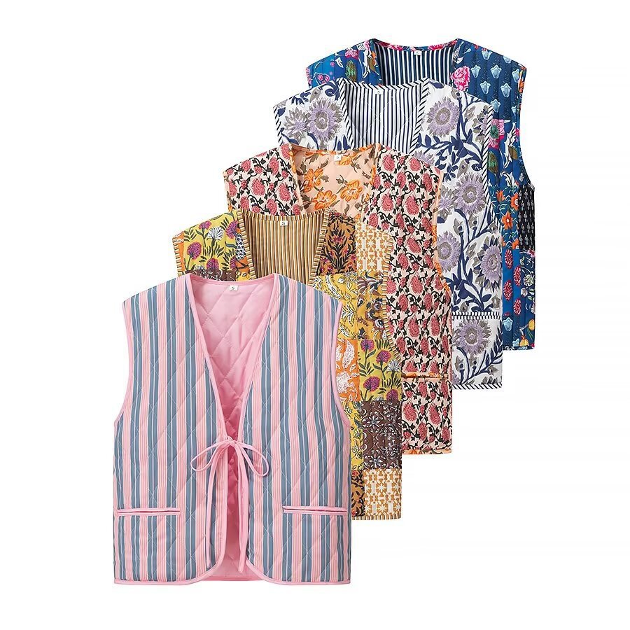 Women Padded Quilted Vest with Floral Allover Look and Tie Band