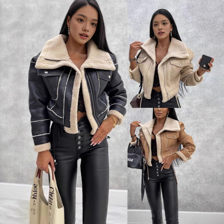 Women short-cut biker jacket with teddy lining and contrast seams