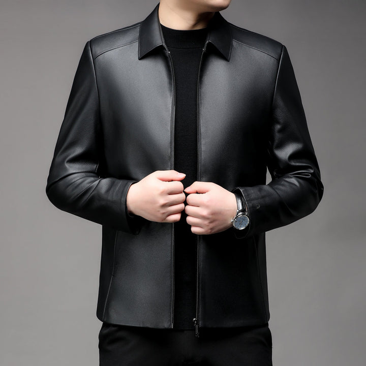 Men Smooth Faux leather Zip Jacket with Shirt Collar and Slim Silhouette