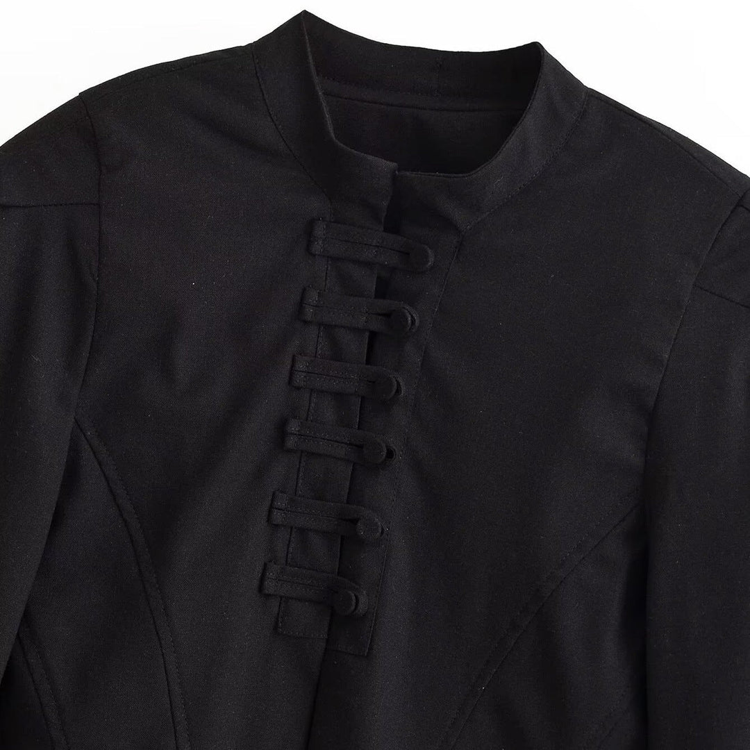 Women short fitted jacket with stand-up collar and decorative loop tape