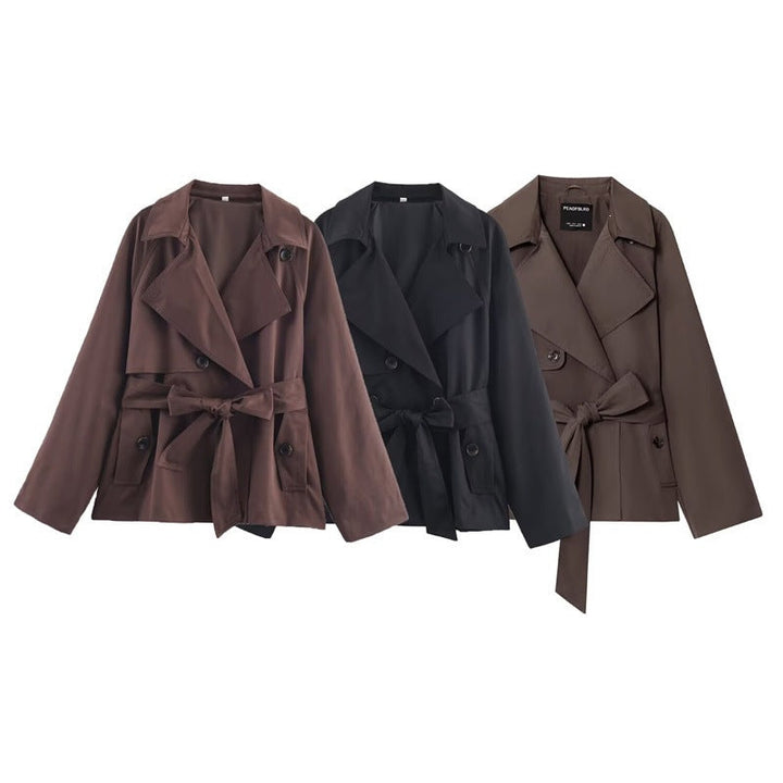 Ladies Cropped Trench Coat with Shawl Collar, Tie Belt and Flap Pockets