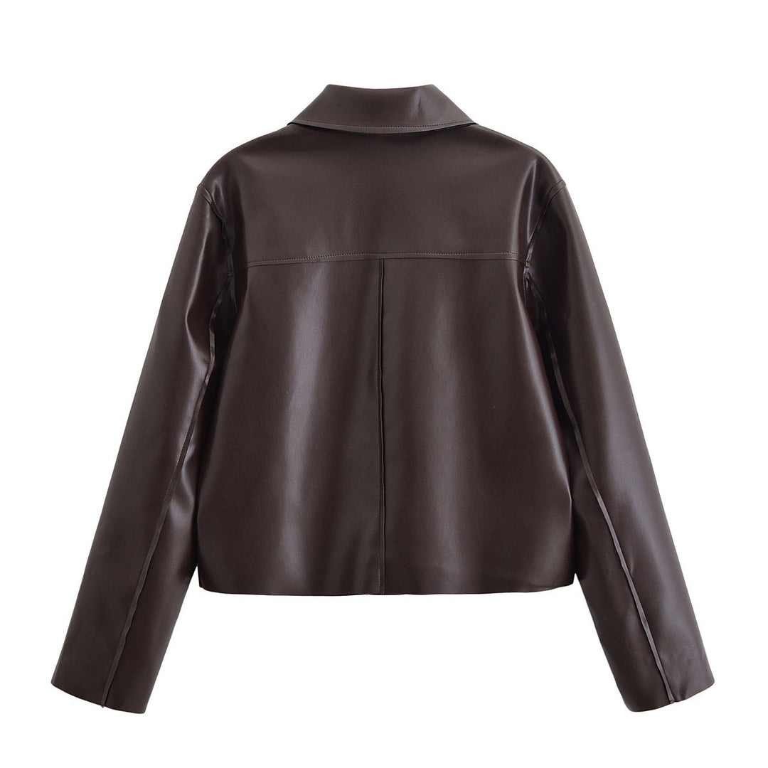 Women Short Boxy Leather-Look Jacket with Flap Pockets and Shirt Collar