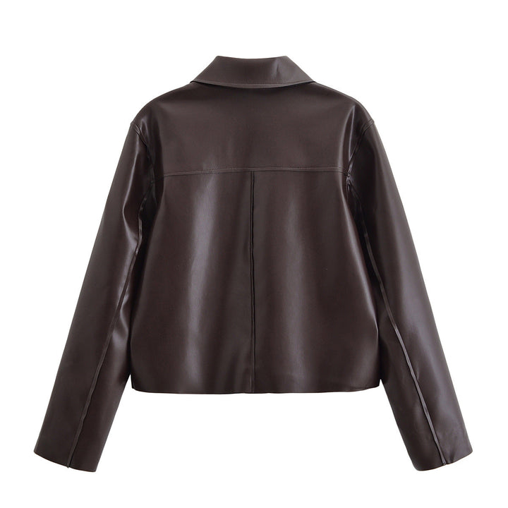 Women Short Boxy Leather-Look Jacket with Flap Pockets and Shirt Collar