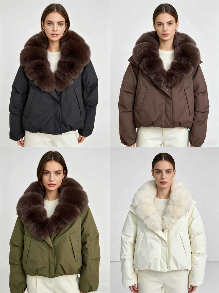 Ladies nan short thermal quilted jacket with voluminous removable faux fur collar and tailored hem