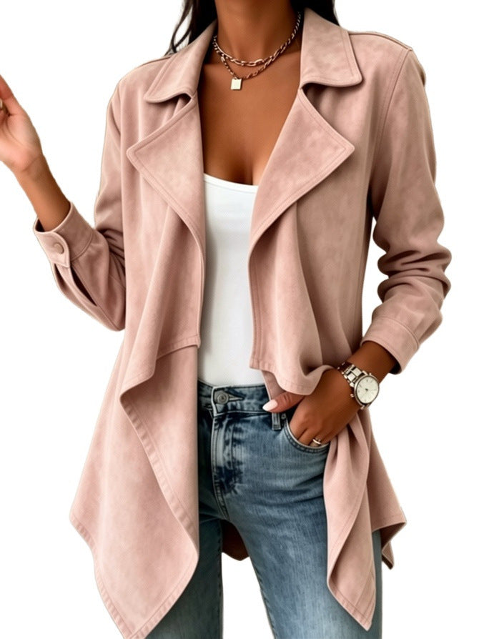 Women waterfall jacket made of faux suede with asymmetrical hem