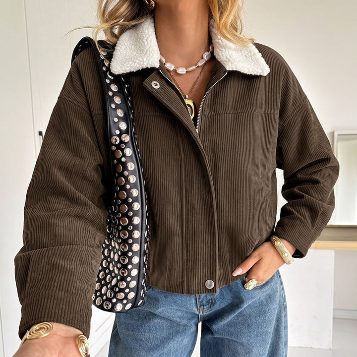 Women Short Cut Cord Jacket with Teddy Lining and Sheep Collar