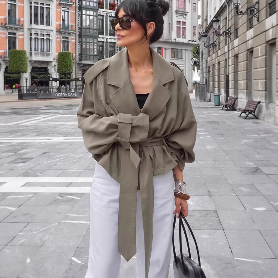 Women Lightweight Short Trench Coat with Wide Lapels, Long Ties and Adjustable Cuffs