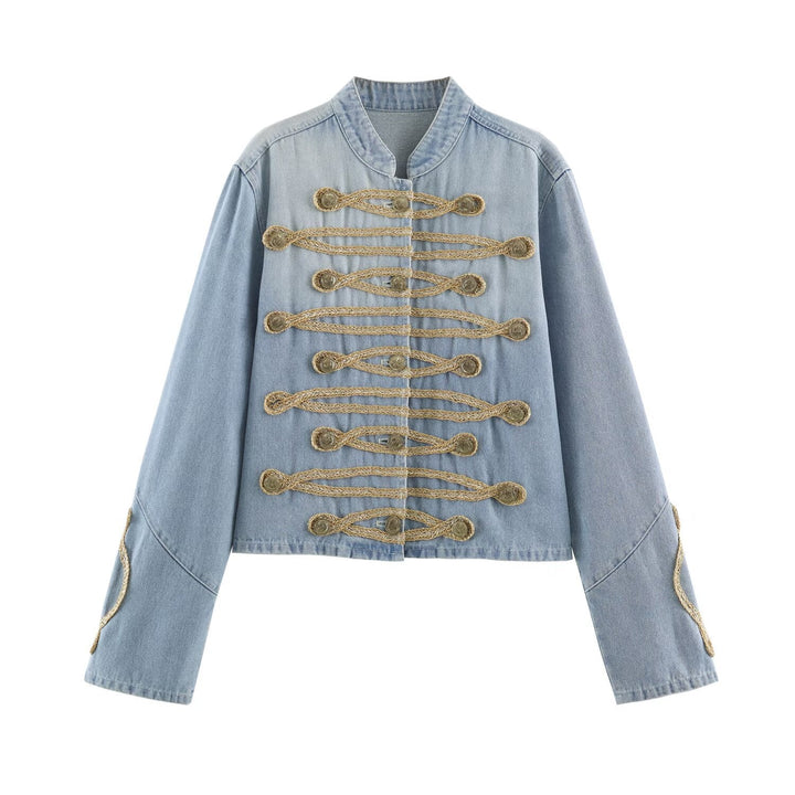 Ladies short-cut denim jacket in military style with decorative cord appliqués