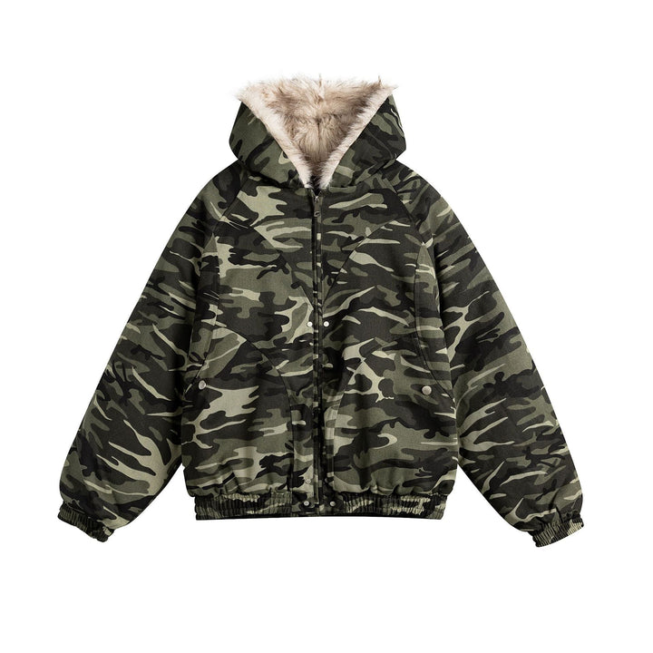 Women Short Cut Camouflage Transition Jacket with Faux Fur Hood and Elastic Hem