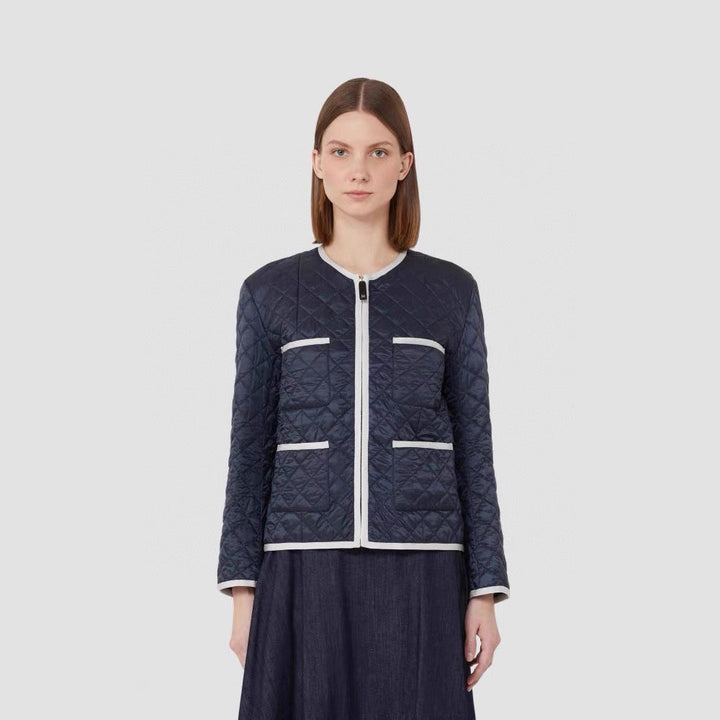 Women Lightly Quilted Short Jacket without Collar with Contrast Piping and Full-Length Zip