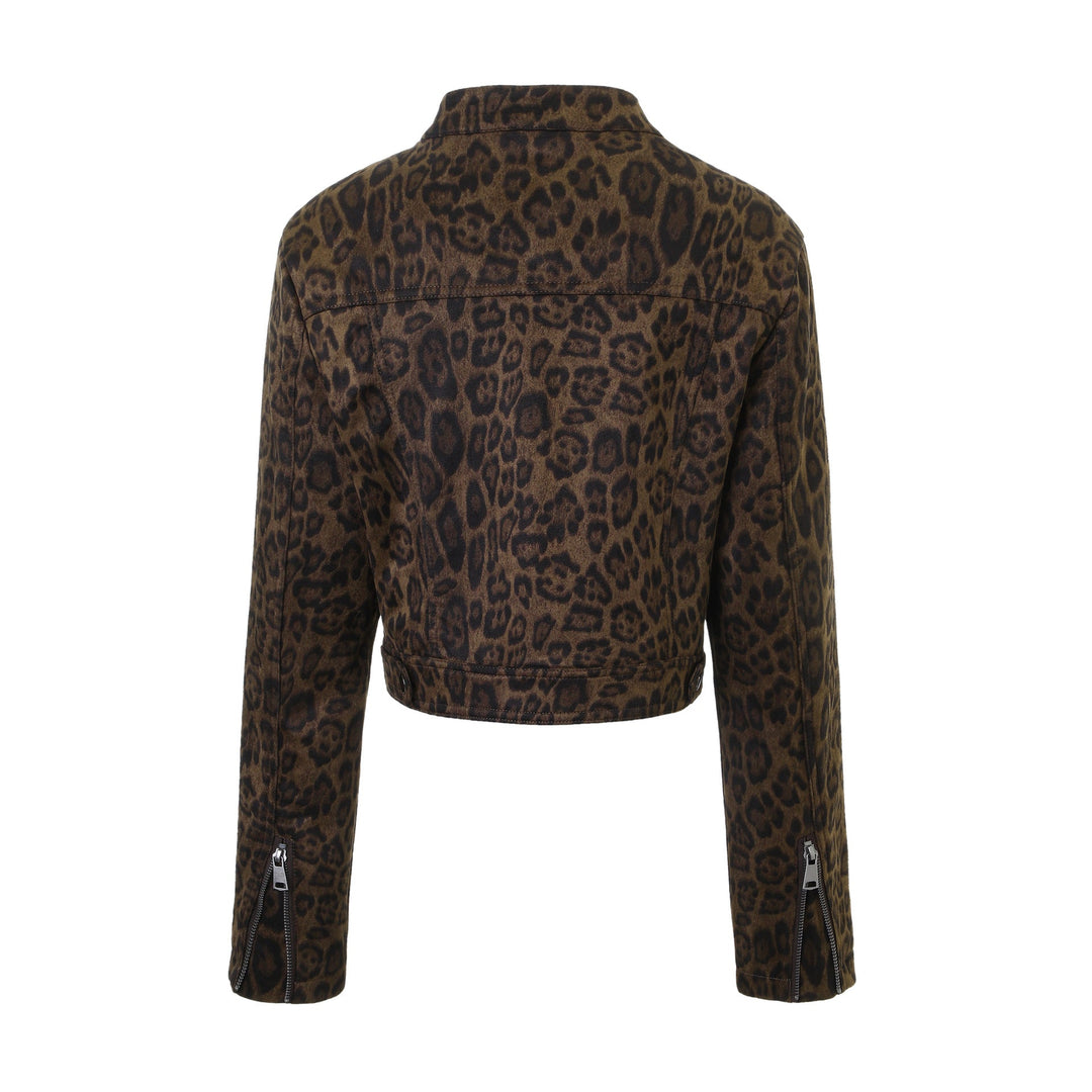 Women Short Jacket with Leopard Pattern and Stand-up Collar