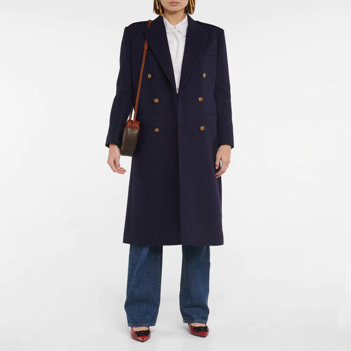 Women Double-breasted Wool Blend Long Coat with Epaulettes and Structured Tailoring Silhouette