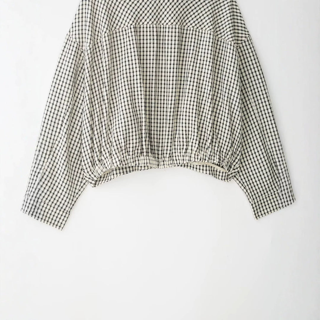 Ladies 50+ Cropped Blouson Jacket in Boxy Cut with Stand Collar and Fine Check Pattern