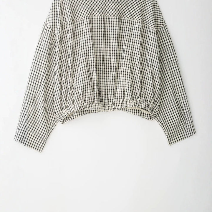 Ladies 50+ Cropped Blouson Jacket in Boxy Cut with Stand Collar and Fine Check Pattern