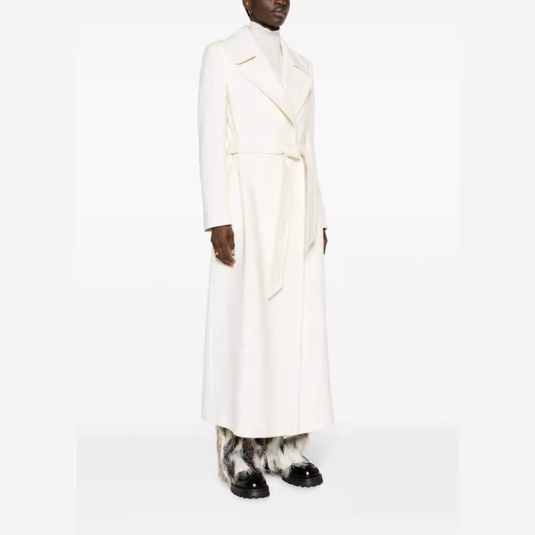 Women’s Maxi-length tailored wool blend coat with belt and wide lapels