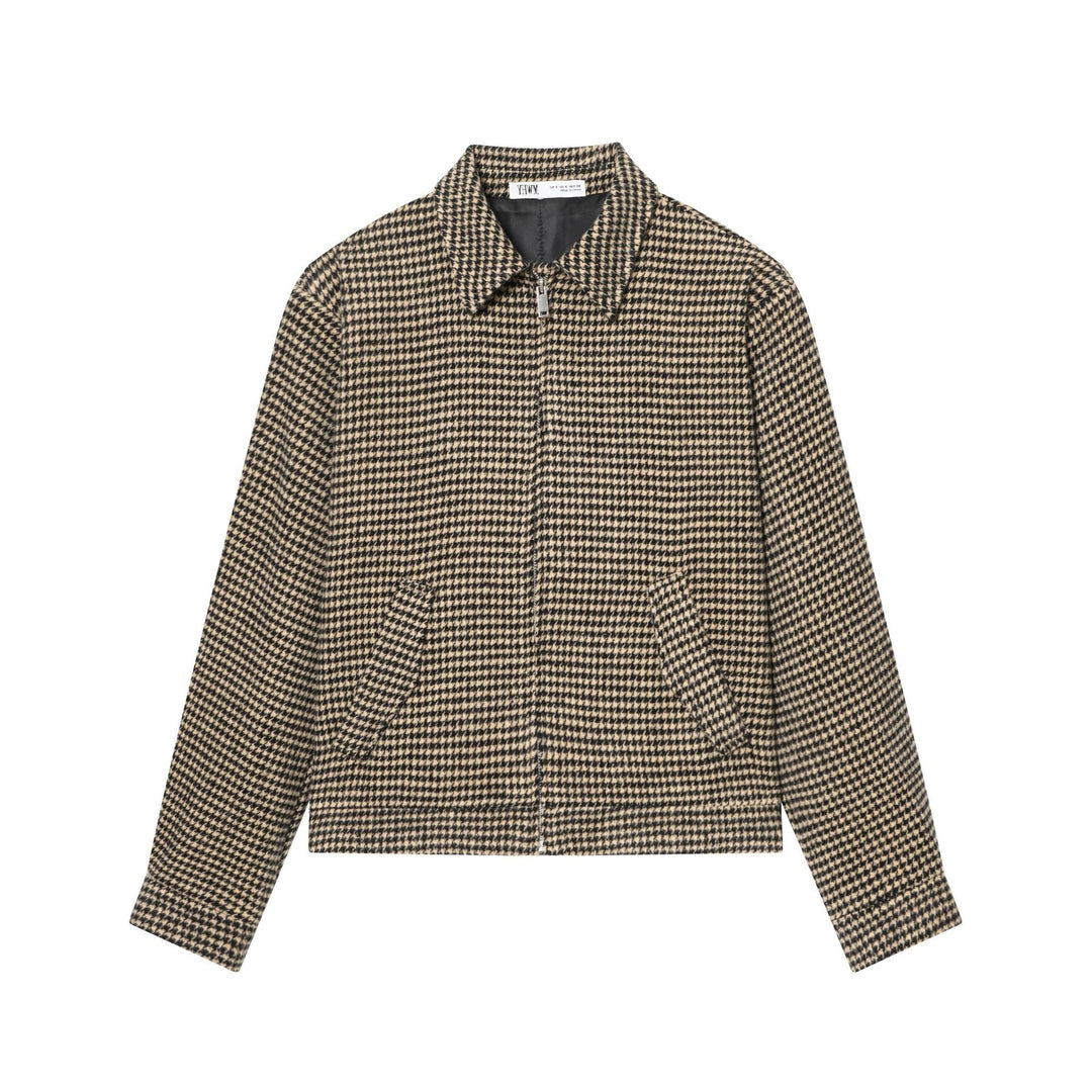 Women Boxy Short Jacket made of Wool Blend with Houndstooth Pattern, Zip and Shirt Collar