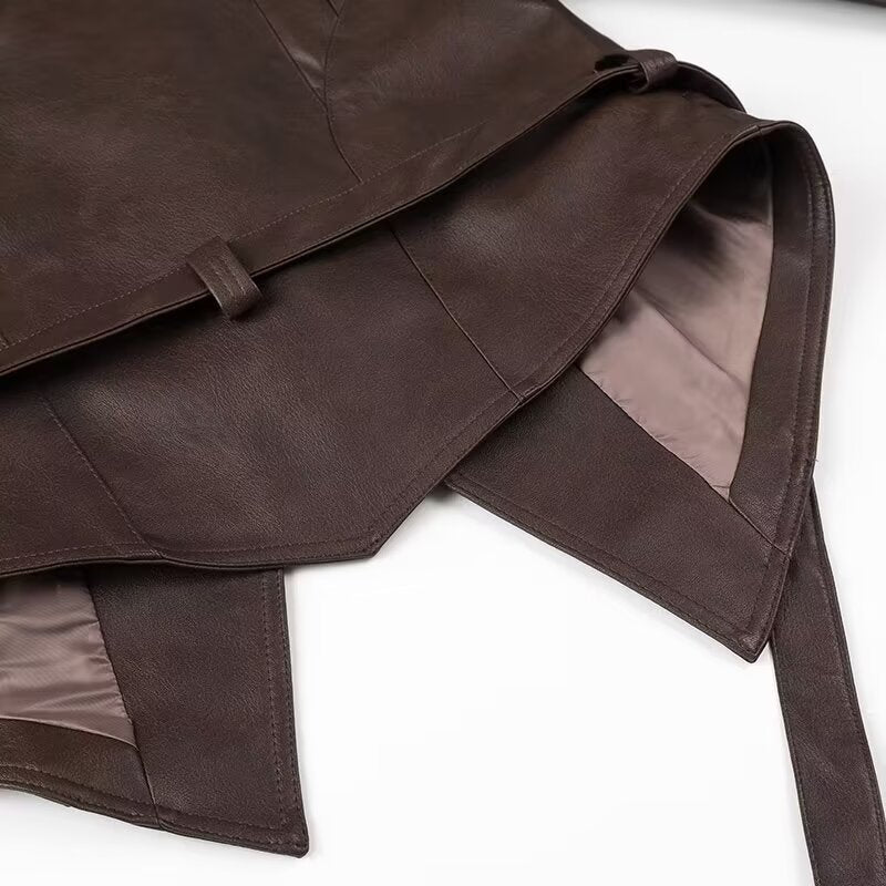 Women Short Blazer Leather Jacket with Shawl Collar, Waist Belt and Lacing Detail