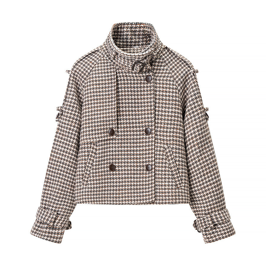 Ladies short jacket in houndstooth with stand-up collar, double-breasted and waist details