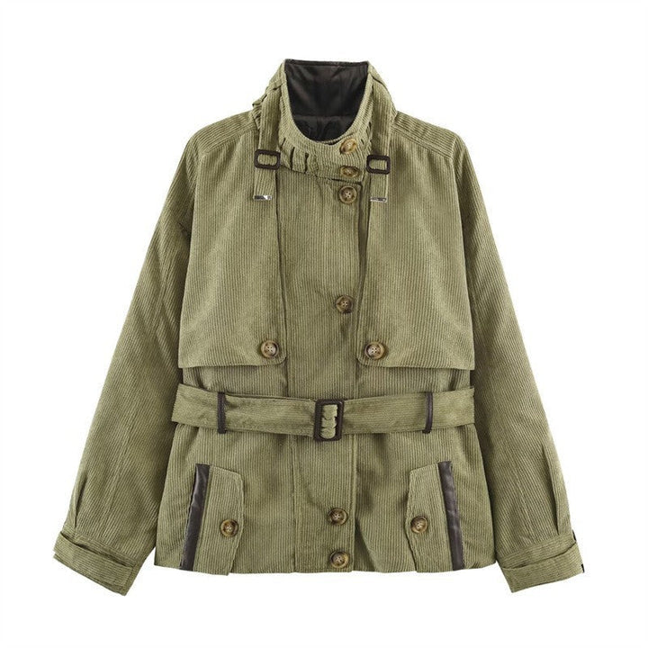 Women Short Cord Trench Coat with Waist Belt, Cape Detail and Stand Collar