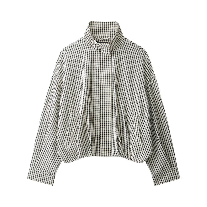 Ladies 50+ Cropped Blouson Jacket in Boxy Cut with Stand Collar and Fine Check Pattern