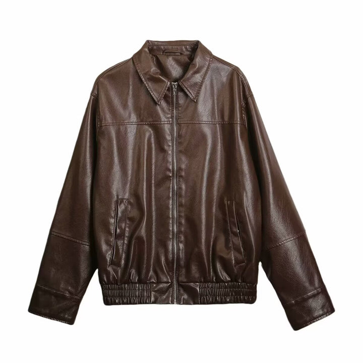 Women Boxy Faux Leather Blouson Jacket with Shirt Collar, Zip and Elastic Hem