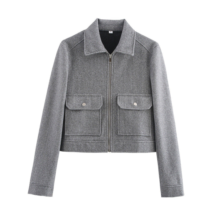Women short cut wool mix jacket with shirt collar, zip and patch flap pockets