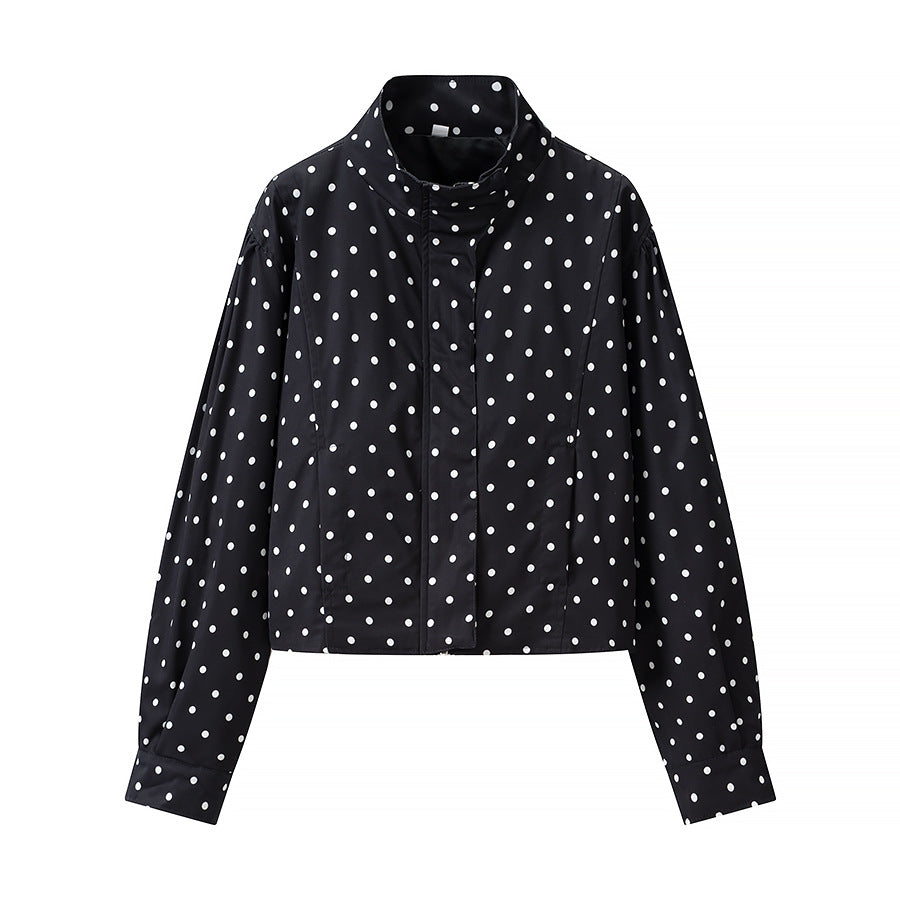 Women Polka Dot Short Jacket with Stand Collar and Concealed Snap Button Placket
