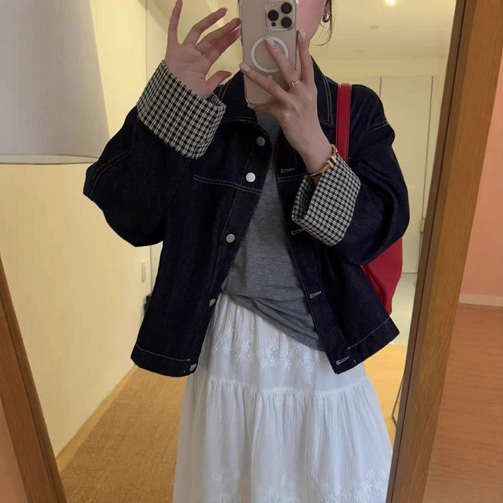 Women Oversized Denim Jacket with Contrasting Check Lining and Cuff Roll