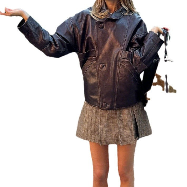 Women Short Cut Oversized Leather Jacket with Round Collar and Flap Pockets