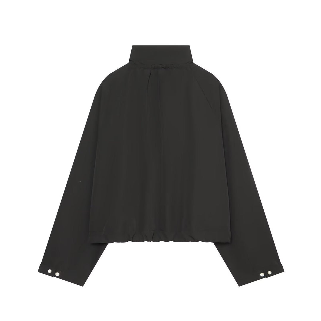 Women Cropped Oversized Utility Jacket with Stand Collar and Drawstring